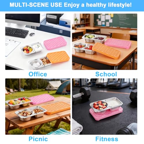Image of Stainless Steel Snack Containers, 2 Compartment Leak-Proof Snack Containers with Sillicone Lids, Reusable small Food Storage Containers for School,Travel, Outdoor, Camping,office (2)