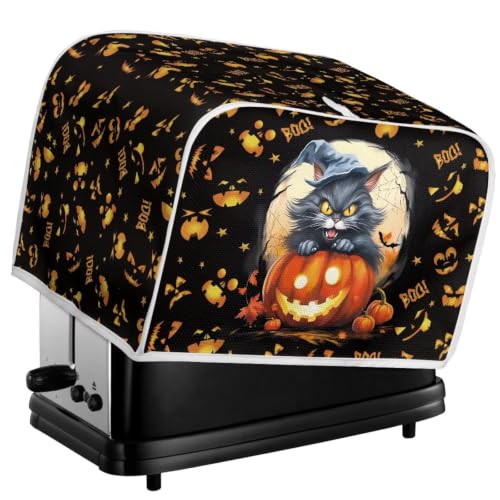 Image of Talayituse Halloween Cat Pumpkin Bat Print 2 Slice Toaster Dust Covers Kitchen Small Appliance Cover, Stain Resistant Dust Protection Bread Machine Cover with Top Handle Halloween Decor, S