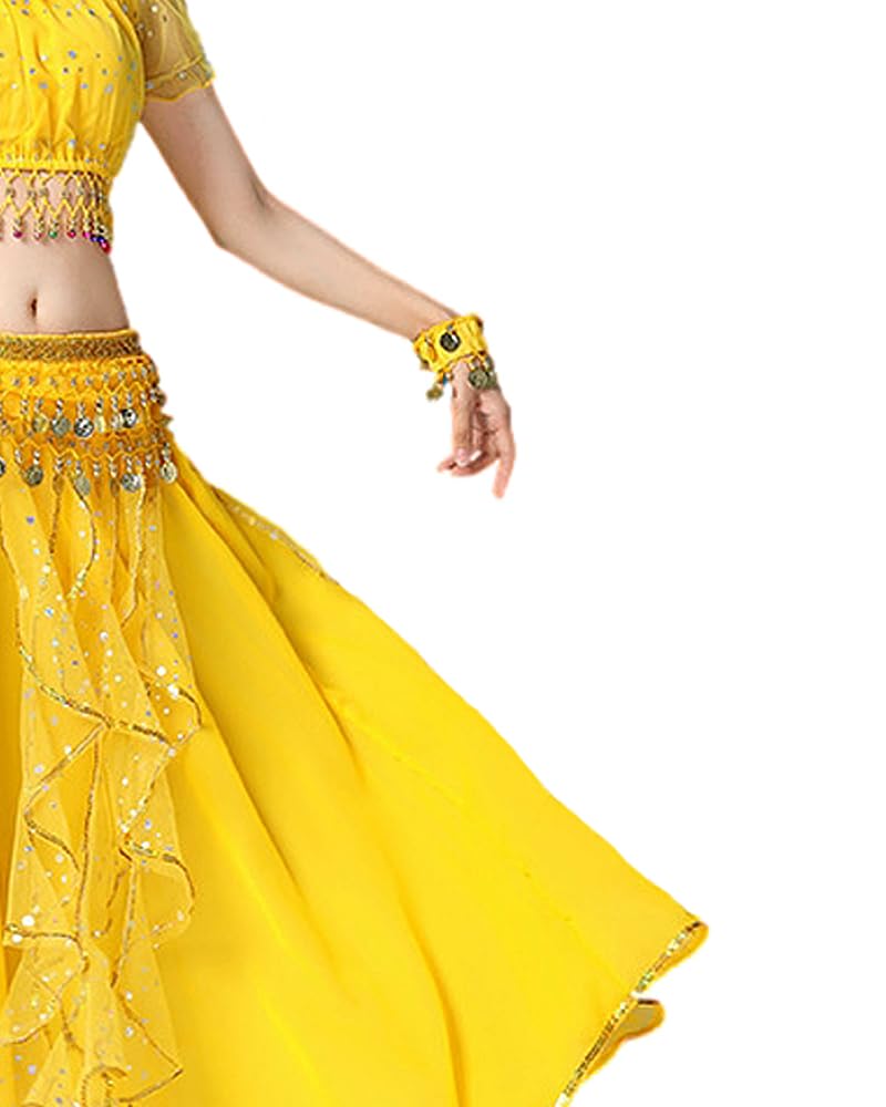 Bollywood Indian Womens Arabian lace Ribbon Belly Dance 3-Piece Dress Girl Costume (top/Skirt/Belt Scarf) (Yellow, M) - Image 4