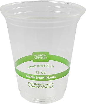 World Centric Compostable Cups 12 oz - Clear Cold Cups Made from Plants - 200 Pack