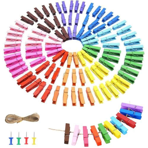 Mini Pince à Linge Bois, 100 Pièces 35mm Pinces à Linge Colorés pour Décorer la Maison et Les Photos avec 12M Corde de Jute DIY Mini Epingle en Bois Photo