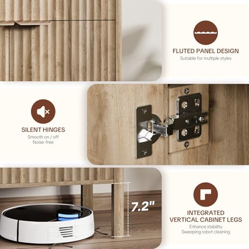 Image of Fluted Buffet Cabinet Accent with Doors & Drawer 31 inch Oak | Anti-tipping Design, Scratch & Water-resistant, Pre-drilled Easy Assembly Versatile for Kitchen, Entryway & Living Room