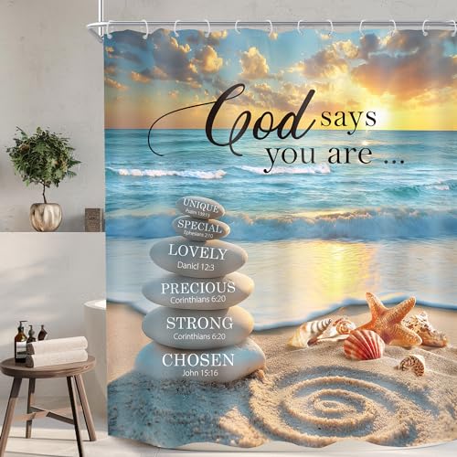 KOMLLEX Beach Christian Shower Curtain 60Wx72H Ocean Bathroom Decor Hawaiian Coastal Bible Verse Sea Waves Stone Scripture Starfish Shell Motivational Quotes Fabric Waterproof Polyester 12 Pack Hooks - Image 2