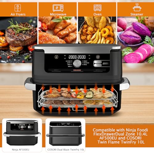 Ecofocet Heißluftfritteuse Zubehör Stapelbar For Ninja AF500EU, Airfryer Gitter Kompatibel Mit COSORI Dual Blaze Twinfry 10L, Grillrost 304 Edelstahl, Ideal Für Pommes Und Hähnchenflügel