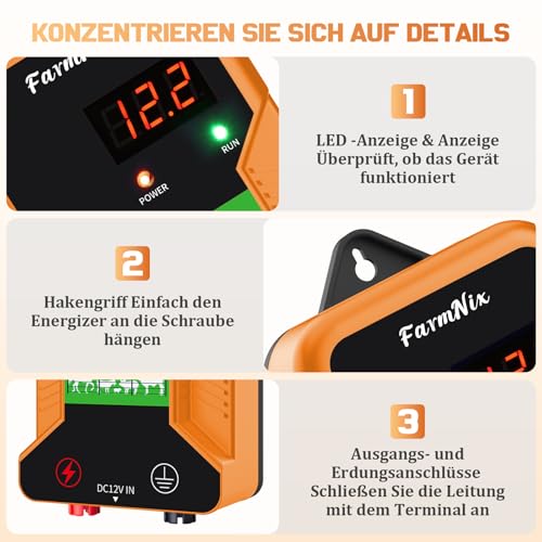 12V Weidezaungerät mit LED Anzeige, 2J Wasserdicht Elektrischer Weidezaun 230V für 15 KM Reichweite, LED Display Eelektrozaun für Schutz von Nutztieren,Haustieren,Geflügel, Hausweide,Gärten (Orange)