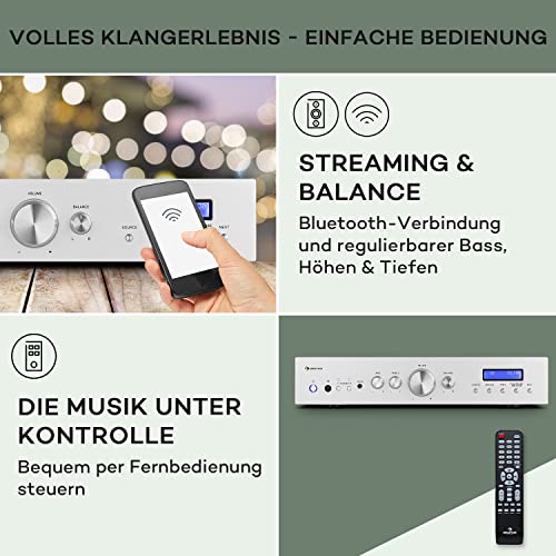 Auna Verstärker, HiFi Stereo Mini Verstärker, HiFi-Verstärker mit Bass & Treble Regler, 2 Kanal...