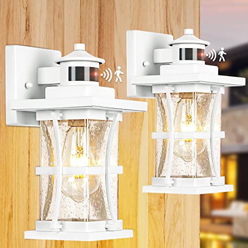 Image of 2 Packs White Motion Sensor Outdoor Lights - Advanced Dusk to Dawn Outdoor Lighting, Waterproof Exterior Light Wall Mount Fixtures, Anti-Rust Porch Outside Lights Wall Sconce for House, Garage, Square