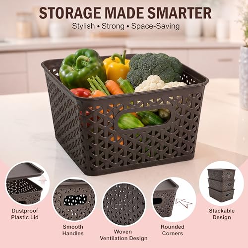 Image of JD Fresh Pack of 3 Premium Plastic Storage Basket with Lid /Smooth Handle Design & Stackable Storage Organizer /Durable Kitchen Storage Basket for Clothes, Vegetables, Fruits, Toys and Stationery(Brown)