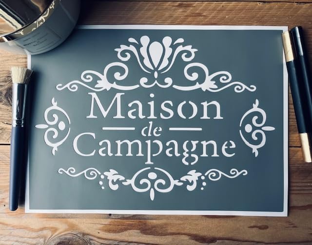 Pochoir Déco Campagne Chic, PVC Souple Résistant, Réutilisable, 30 x 20 cm. Auto-adhésif, Style Rustique, Pour Tissus et Surfaces Multiples...