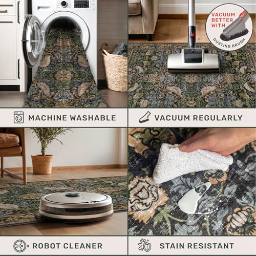 Image of Hazo Haus Dark Living Room Rug 8x10 - Large Washable Vintage Floral Area Rugs for Dining Room, Bedroom, Traditional Antique Style, Birds and Leaves Nature Design, Non-Slip Low Pile (Dark Green /Brown)