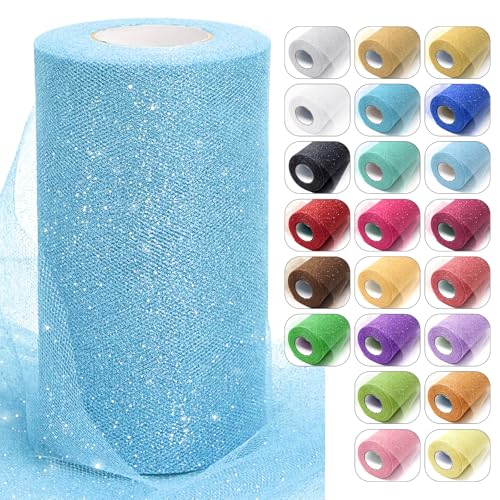Light Blue Glitter Tulle Fabric Rolls 6 Inch x 50 Yards Sparkling Spool Ribbon Sequin Netting for DIY Tutu Skirt Wedding Decoration Baby Shower Birthday Party Backdrop Gift Wrapping Craft Supplies