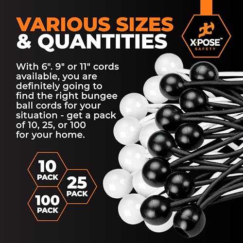 Image of Xpose Safety Bungee Ball Cords 9 inch 10 Pack Heavy Duty Assorted Colors Black and White Stretch Rope with Ball Ties for Canopies, Tarps, Walls, Cable Organization