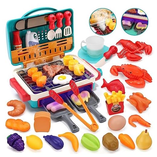 HOLYFUN 42Pcs Kids BBQ Grill Toy, Barbecue Kitchen Cooking Playset with Realistic Spray, Light & Sound, Color Changing Play Food & Dishes Toy, Pretend BBQ Accessories Set for Girls Boys Toddler