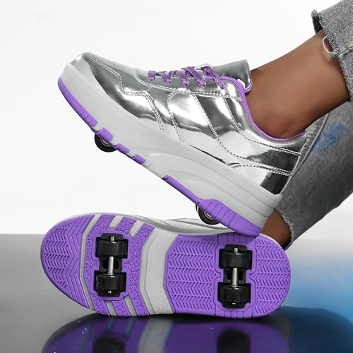 ANEFUN Roller Shoes with Wheels for Girls Boys Kids Roller Skate Shoes Detachable Wheeled Fashion Sneaker Silver Purple Big Kid 5 by ANEFUN - Used condition - Image 2