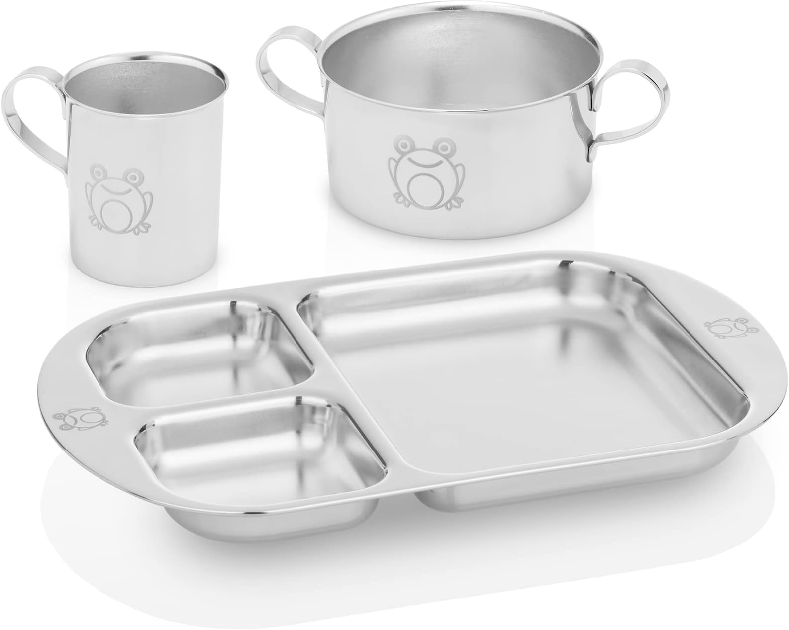 (Frog) - Children Safe Stainless Steel Dinnerware Set (1 Bowl, 1 Cup, and 1 Divided Plate). Frog Model. Great for Baby, Toddler, Kids, and Preschoolers.