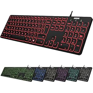 Arteck USB Wired Keyboard Universal Backlit 7-Colors & Adjustable Brightness Full Size Keyboard with 1.8M Wire, Numeric Keypad and Media Hotkey for Computer Desktop PC Laptop and Windows 11 10 8 7