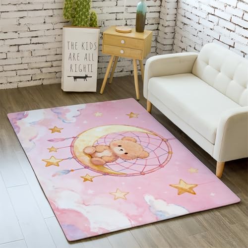 Alfombra para Niños Antideslizante Suave Lavable, Cartoon Atrapasueños Luna Estrellas Alfombra Habitación Infantil Sala de Juegos Salón, Alfombras Decorativa para Niños Niñas, 100x150 cm, Color 5