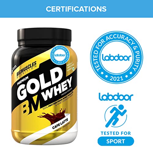 Image of Bigmuscles Nutrition Premium Gold Whey 1Kg | Isolate Whey Protein Blend [Caffe Latte] | USA FDA REGD. BRAND | 25g Protein Per Serving | 5.5g BCAA