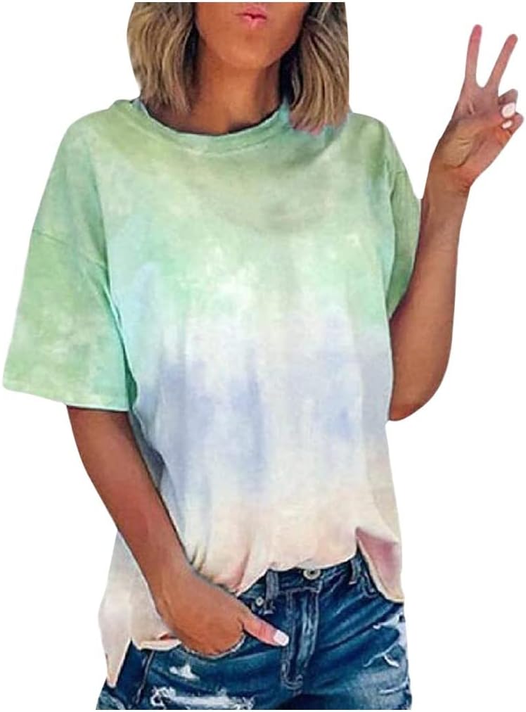Yihaojia Amazon Warehouse Deals Canada Women Summer Fashion Tie-Dye Shirts: Short Sleeve Casual Loose Tunic Tops – Womens Crew Neck Tee Tshirt Blouses