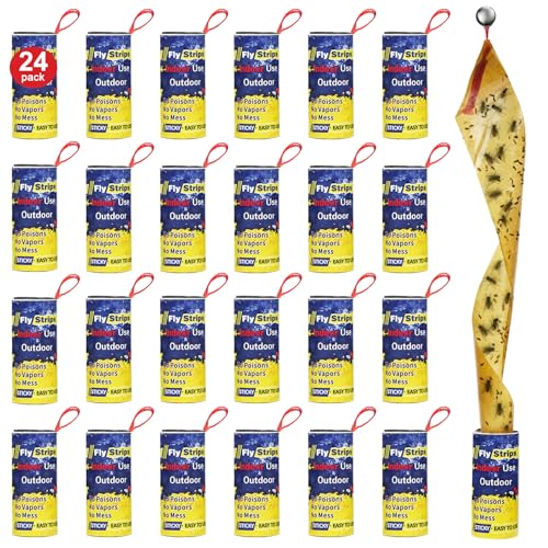 24 Pack Fly Traps Strips Indoor Outdoor Flies Paper Sticky Hanging with Pins Fruit Fly Tape Ribbon Roll for Home Bug & Gnat Catchers for Inside House Fly Killer for Winged Insect Mosquito