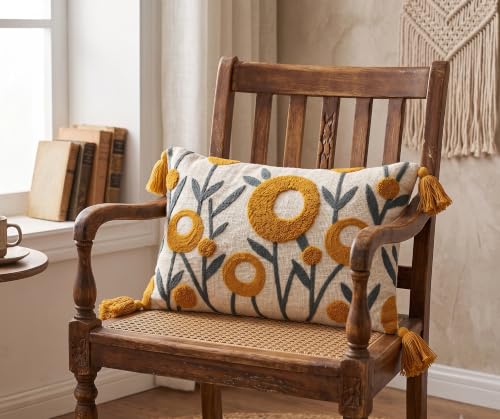Image of Furnistitchs Boho Rectangle Cushion Cover 12x20 inches | Handmade Decorative Throw Pillow Case | Bohemian Home Decor Sofa Bed Cushion Cover Living Room Bedroom (1, Yellow Oval, 12x20 inches)