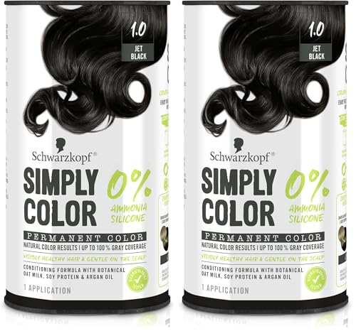 Schwarzkopf Simply Color Hair Color 1.0 Jet Black, 1 Application - Permanent Hair Dye for Healthy Looking Hair without Ammonia or Silicone, Dermatologist Tested, No PPD & PTD (Pack of 2)