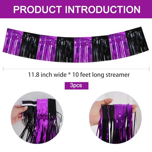 Image of BEISHIDA Black Purple Fringe Garland Banner 30ft Wall Tinsel Foil Streamers | 3Pack,Hanging Shiny tinsel Metallic garland for graduation,Car floats,Bridal shower,Wedding,Birthday,Halloween,Christmas