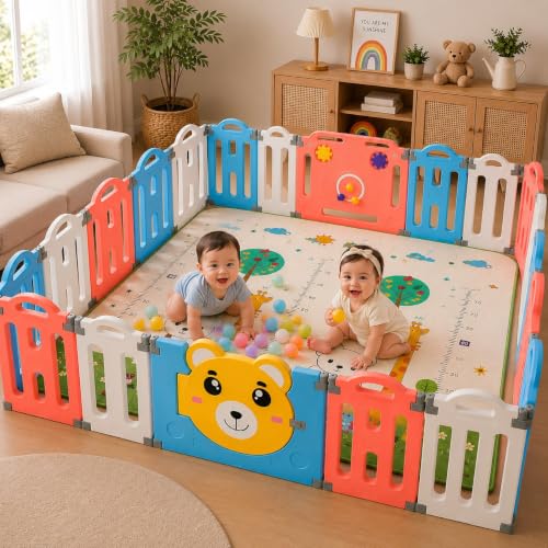 Image of Playpen for Babies for 0 - 5 Years with Mat, Balls, Gate for Kids Play pen Play Yards Fence Play Area for Kids Indoor Baby Playard Full Set for Toddlers, Child with Boundary Wall (Multi-Colour Teddy, 16 PANEL)