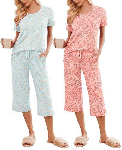 Ekouaer 2 Pack: Women's Pajamas Set Short Sleeve Sleepwear Capri Pants Pjs Soft Loungewear with Pockets
