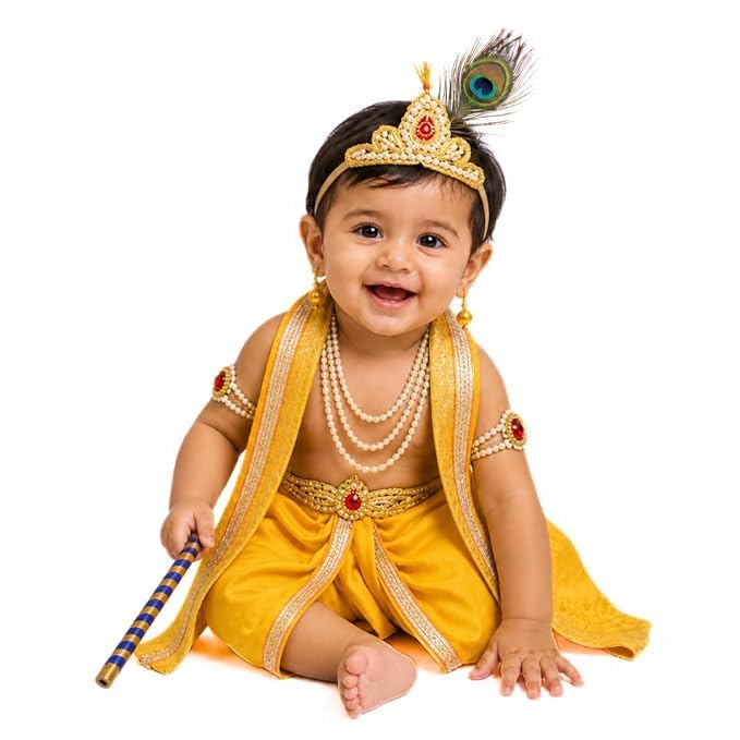 FANCY FLIGHT Krishna Dress for Baby Boy Kids(Dhoti,Patka,Mukut,Morpankh,Bansuri,Kamarband,Bajuband,Kundal) Little Krishna Ji Kanha Janmasthmi Costume-image-28