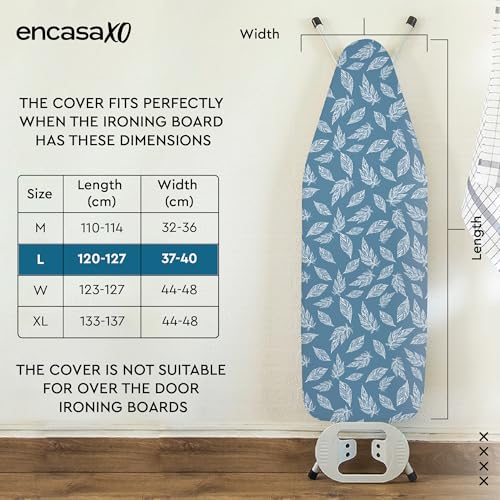Image of Encasa XO Ironing Board Cover with 3mm Thick Felt Pad for Steam Press (Fits Standard Large Boards of 125x39 cm) Heat Reflective, Scorch & Stain Resistant, Printed - Big Leaves Blue