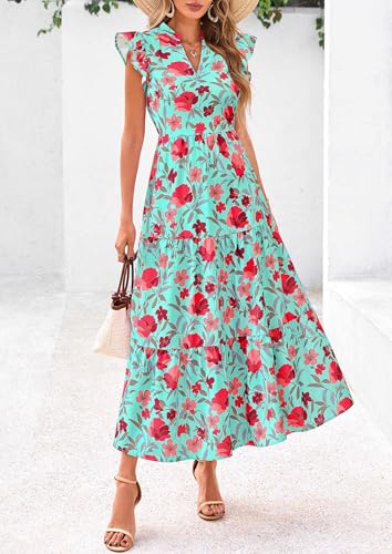 Image of PRETTYGARDEN Women's 2026 Summer Floral Midi Dress Cap Sleeve V Neck Ruffle Long Flowy Boho Casual Beach Vacation Dresses