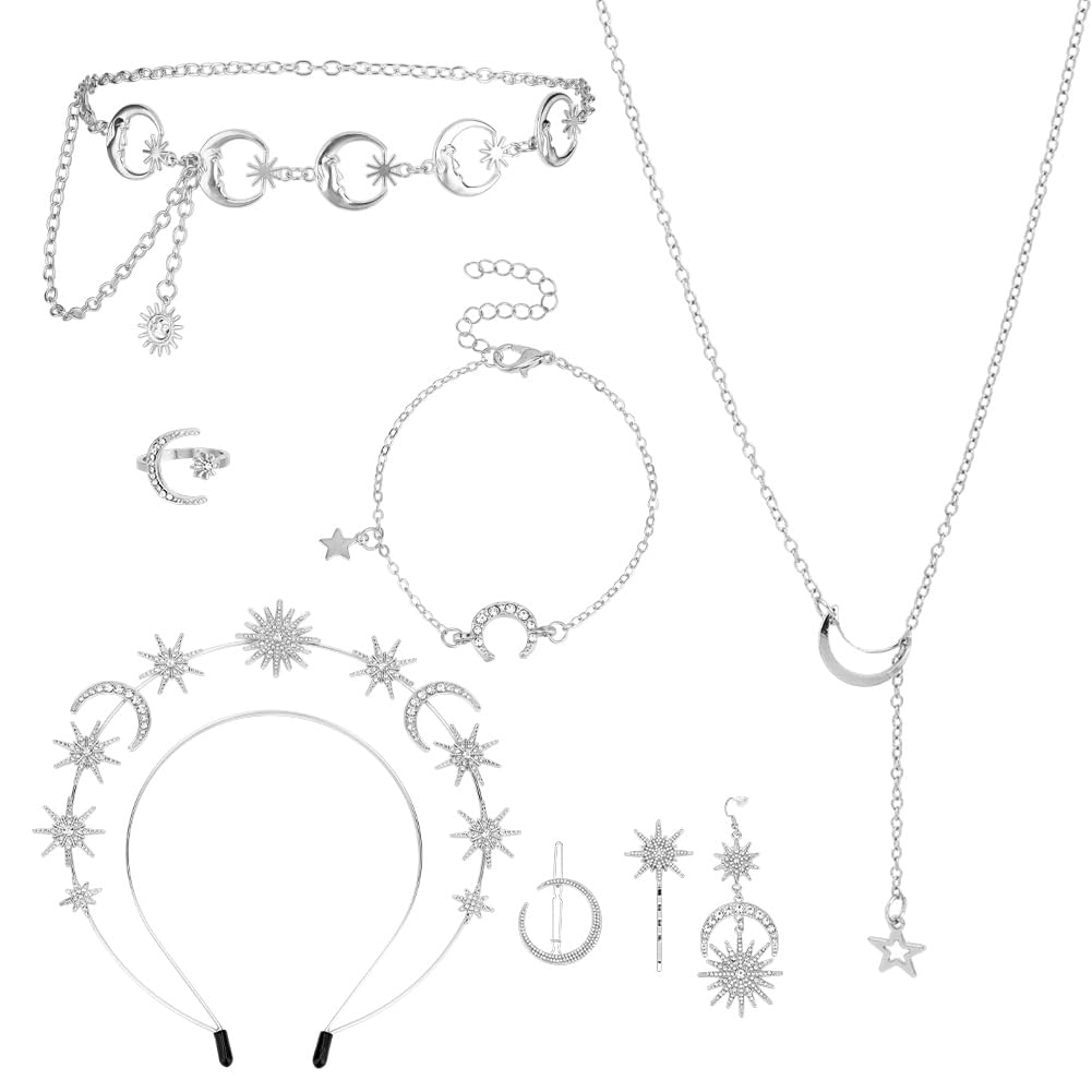 OLYCRAFT 10 Stück Halo Krone/Mond Stirnband Set Inklusive Silbernem Stern Sonne Diadem Stirnband Armbändern Ringen Halskette Kette Gürtel Ohrringen Sternen Und Mond Haarspangen Für Kostümzubehör