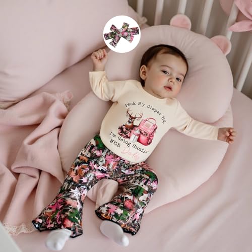 Newborn Baby Girl Hunting Clothes Deer Romper Jungle Camo Flare Pants Set Headband 3Pcs Infant Fall Winter Outfits2