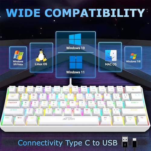 Image of Ant Esports MK1300 V2 60% Wired Mechanical Gaming Keyboard, 61 Keys Compact Mini Software Controlled, RGB Backlit,Hot-Swappable Red Switches, Detachable USB-C, Anti-Ghosting, PC /Mac Compatible - White