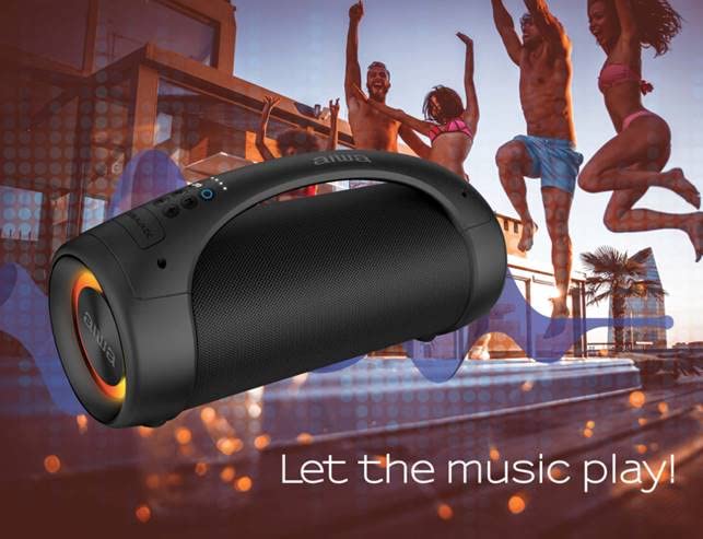 Aiwa AWS600BT speaker near splashing water, with text 'Resistente al agua IPX5' (Water resistant IPX5).