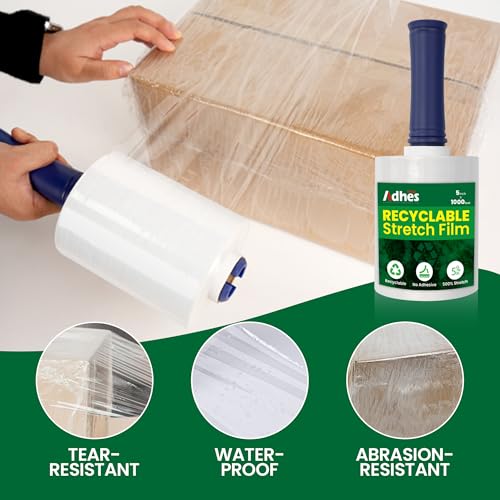 Image of Adhes Recyclable Stretch Wrap Film 5 Inch x 1000 Feet, 2 Rolls with Handle, Heavy Duty Plastic Pallet Wrap for Moving, Packing, Shipping, Eco-Friendly, Tear Resistant, Self Adhering Clear Film