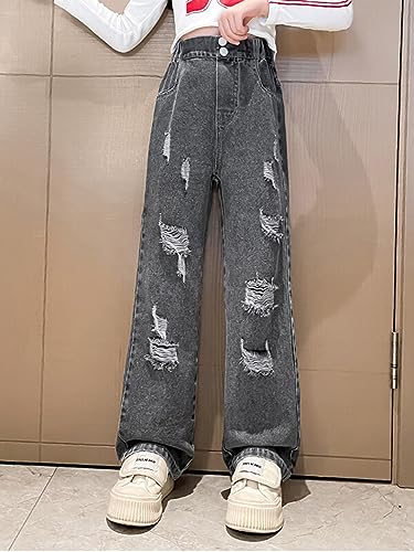 Kids Girls Casual Jeans Elastic Waist Denim Pants Wide Straight Leg Baggy Pants Fashion Loose Trousers 4-16 Years2