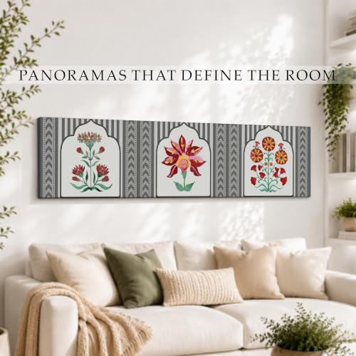Image of Large Stretched Canvas Painting, Panel Wall Painting Traditional Indian Lotus Motif Luxury Paintings for Home Decoration, Living room, Bedroom and Office Decor (Red, 12x46 Inch)