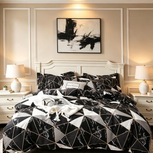 CLOTHKNOW Black White Marble King Comforter Set 3Pcs Triangle Bedding Sets