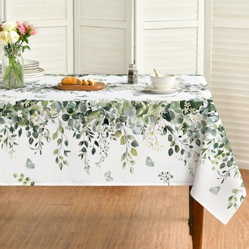 Image of Horaldaily Spring Tablecloth 60 x 120 Inch Rectangular Green Eucalyptus | Seasonal Washable Table Cover for Party Picnic Dinner Decor