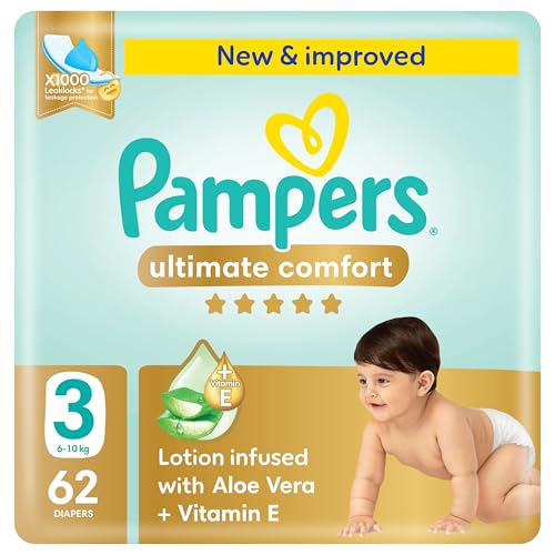Pampers Ultimate Comfort Taped Diapers Size 3 6-10kg Lotion infused with Aloe Vera and Vitamin E x1000 Leak Locks Technology for Leakage Protection Mega Pack 62 Count