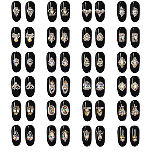 48Pcs Nail Crystal Ab Rhinestones, Nail Diamonds Glass Metal Gems Jewels Stones For 3D Nails Art Decoration(24 Styles) #TOP1