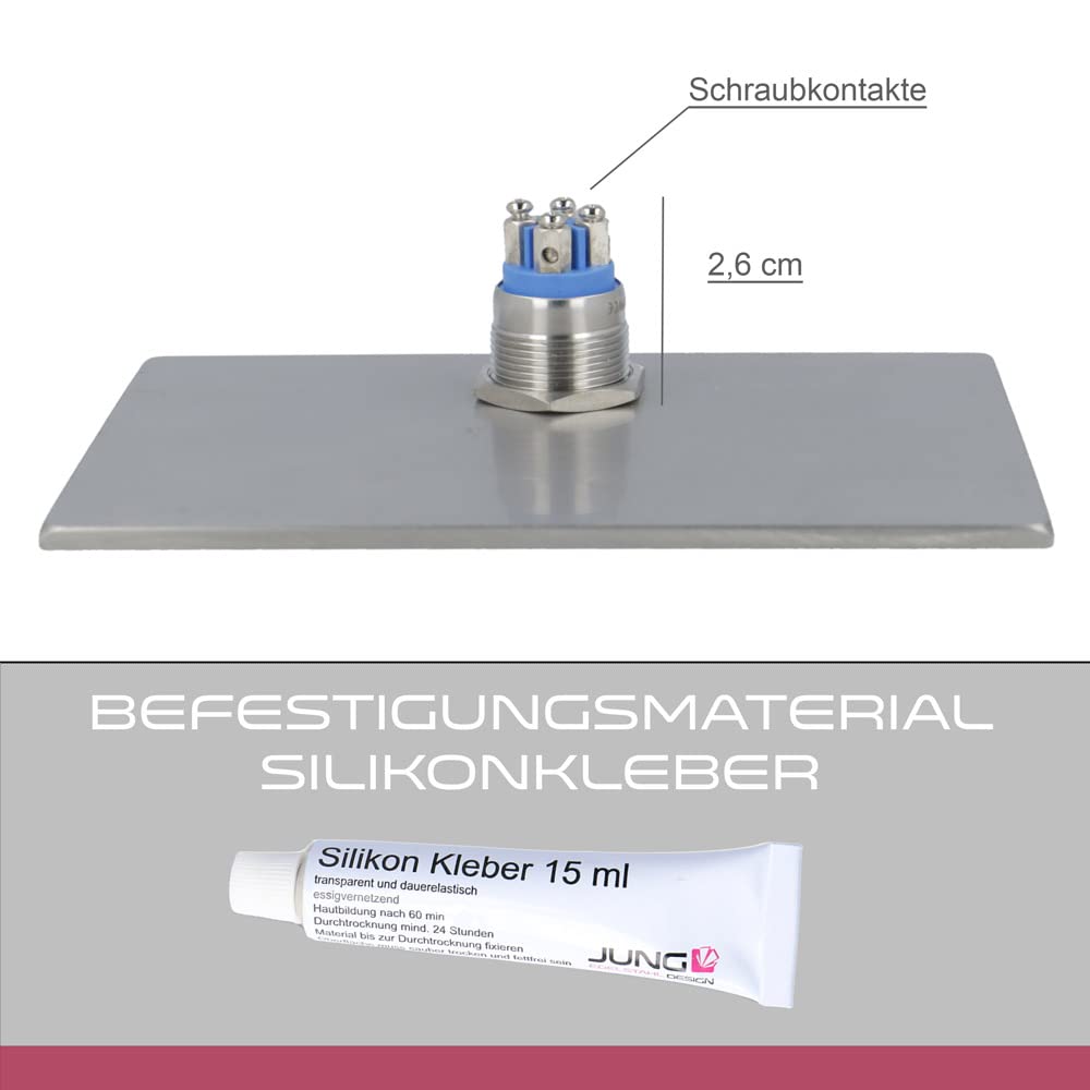Jung Edelstahl Design Türklingel London 002 Klingelschild mit Gravur oben LED Klingeltaster (Weiß) mit Schraubkontakten. Unterputz Klingelplatte in verschiedenen Größen