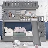 House Bunk Beds with Slide ,Twin Over Twin Bunk Bed with Storage Stairs and Trundle , Wood Kids Bunk...