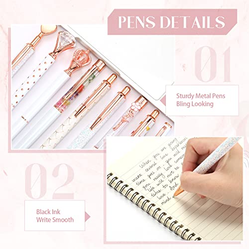 9 Pcs Ballpoint Pens Set Metal Crystal Diamond Pen Liquid Sand Glitter Pen For Journaling Black Ink Pretty Cute Pens Fancy Pens Gifts For Women Girls Back To School Office Desk (White) #TOP2