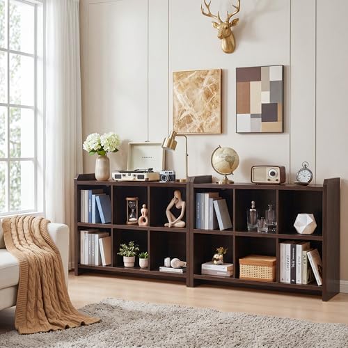 Image of 6 Cube Low Storage Organizer, 45 inch Long Horizontal Bookshelf, Dark Walnut