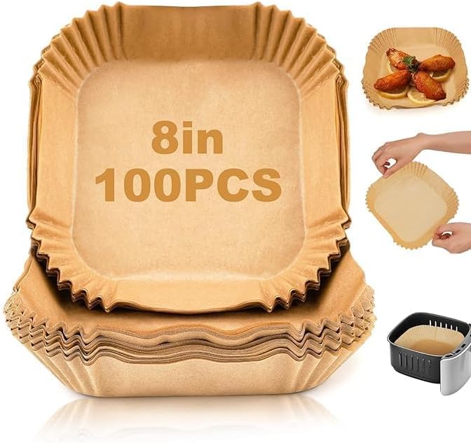 ITUSHA (3 Air Fryer Silicone Liners) & 3 Air Fryer Accessories - 7.5 inch (3-5 Qt+) Reusable Silicone Basket/Liners with Oven Mitts, Basting Brush & Tongs (Multicolour) (Paper Square 8 INCH)