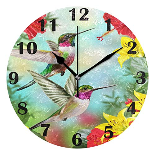 Pfrewn Spring Hummingbirds Birds Red Flower Wall Clock Silent Non Ticking Poppy Sunflower
