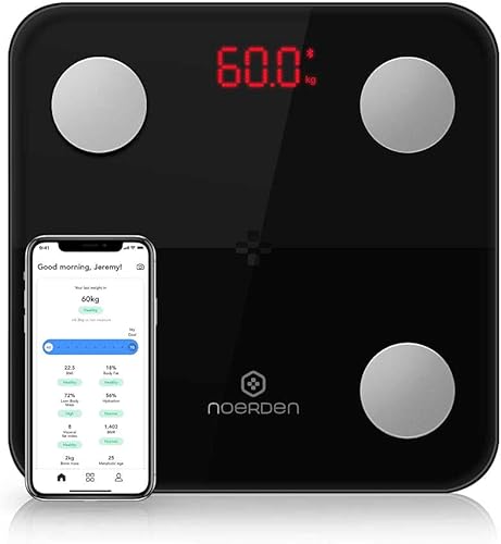 NOERDEN - Báscula corporal inteligente Minimi - Báscula para peso corporal con tecnología Step-On, Bluetooth, pantalla LED, vidrio templado,